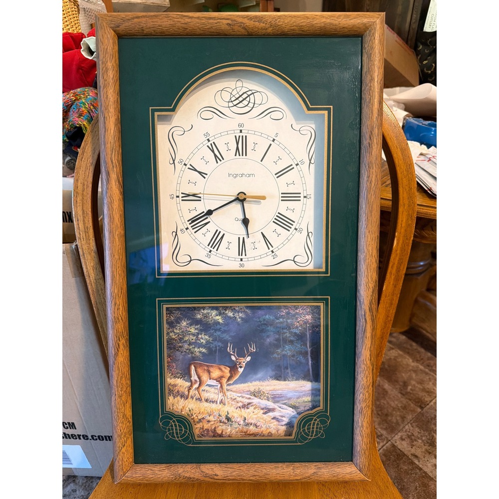 Ingraham Quartz Wall Clock Oak Wood Frame Deer Wildlife Nature Art Green Face